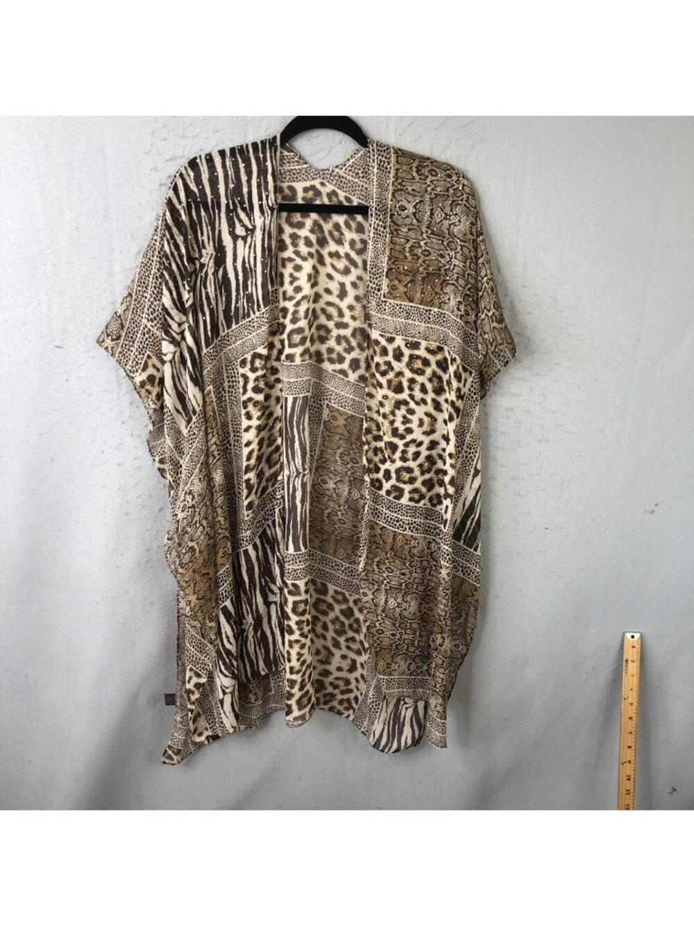 Animal Print Kimono Top Womens One Size Brown Sheer Leopard Rhinestone Safari